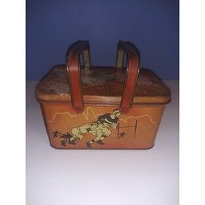 Decoware Metal Lunch Pail Box 1930's All Sport Football Baseball Sledder Skater